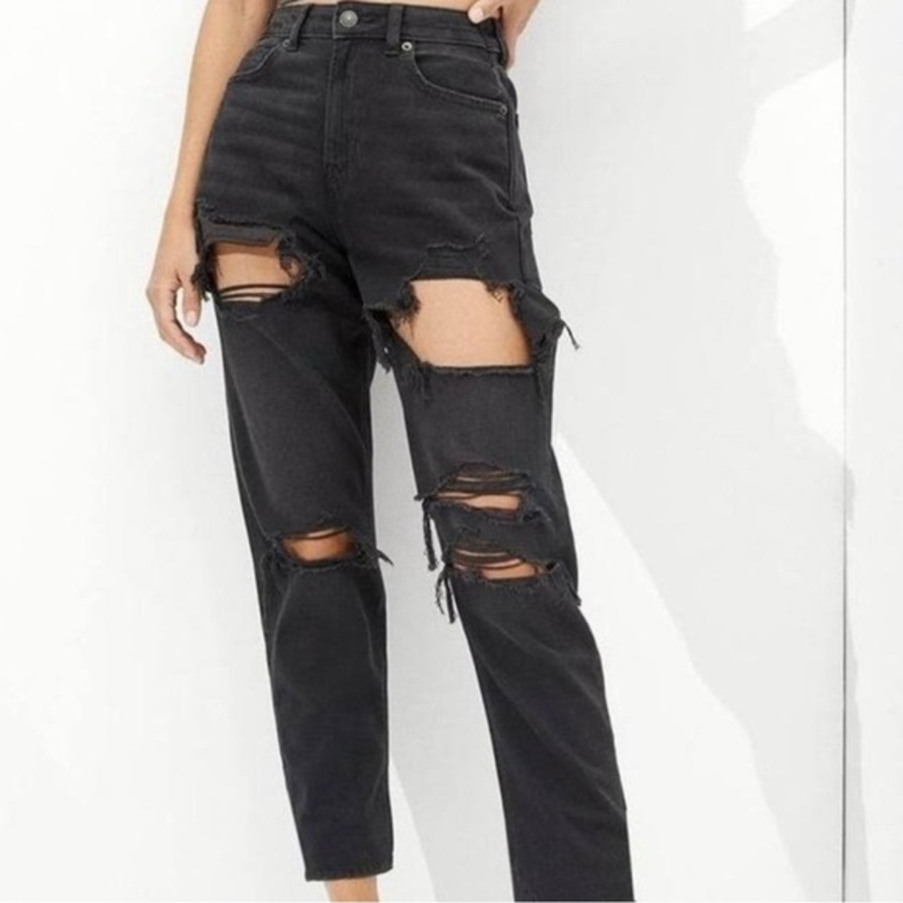 American Eagle Mom Jean Black Ripped Distressed Comfort Stretch Waistband Sz 00